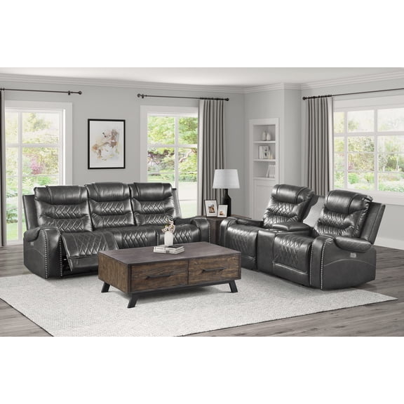 Power Reclining Sofa Set, Gray Breathable Faux Leather Upholstery with Solid Wood Frame, Drop-Down Cup Holders, USB Ports, Power Outlets, Diamond Stitching for Living Room, 2-Piece