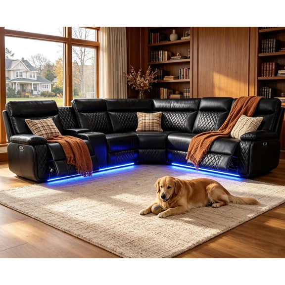 Power Reclining Sofa Set with LED Light,Living Room Furniture Sets,Leather Recliner Sectional Couch Set with USB Charging Port & Storage & Cup Holders for Apartment/Home Theater/Office