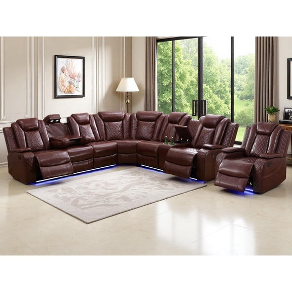 Power Reclining Sofa Set w/ 2 Recliners, Brown Breathing Leather Recliner Sectional and 1 Chair Set with LED Light, Modern Sectional Couch with Cup Holders & Storage Console