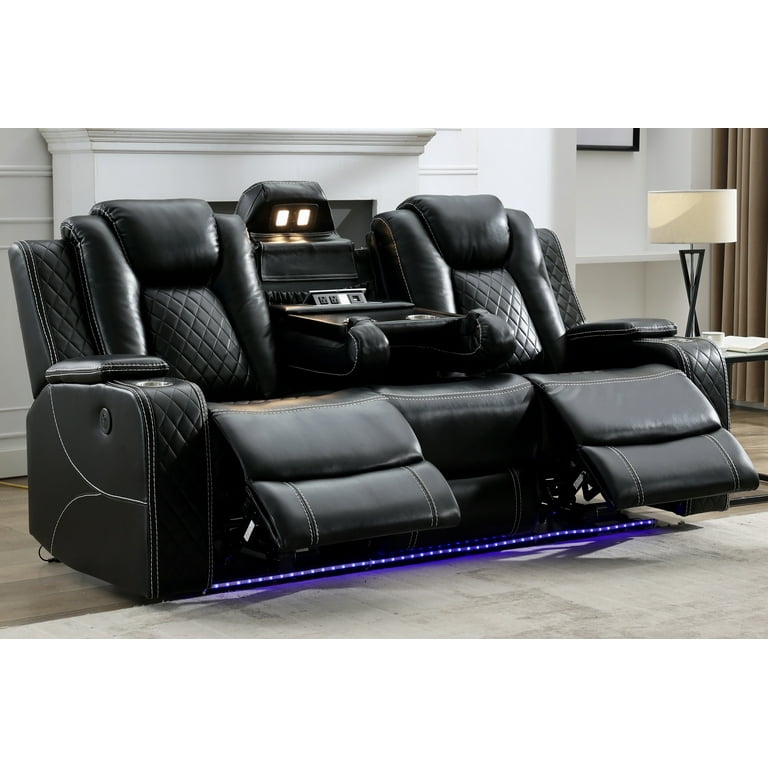 Othniel Power Reclining Sofa with Wireless Charger Reading LED Light AC USB Port Cup Holder Black Walmart