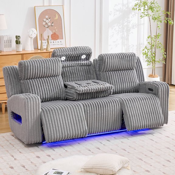 Power Zero Gravity Reclining Sofa with Adjustable Headrests,Bluetooth Speakers,Reading/LED Lights,Type C/USB Port,Cup Holders Drop-Down Table Faux Fur Electric 3-Seater Couch for Living Room Gray