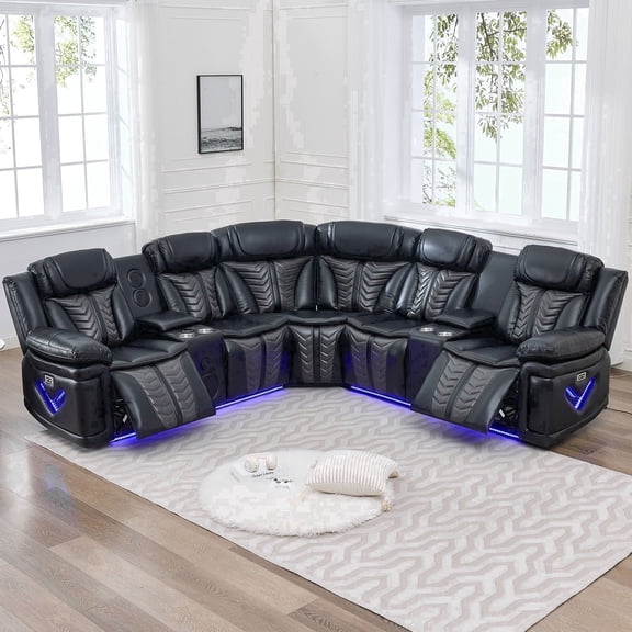 Power Reclining L-Shaped Sectional Sofa with LED Lights, Speakers, Cup Holders, Black Faux Leather