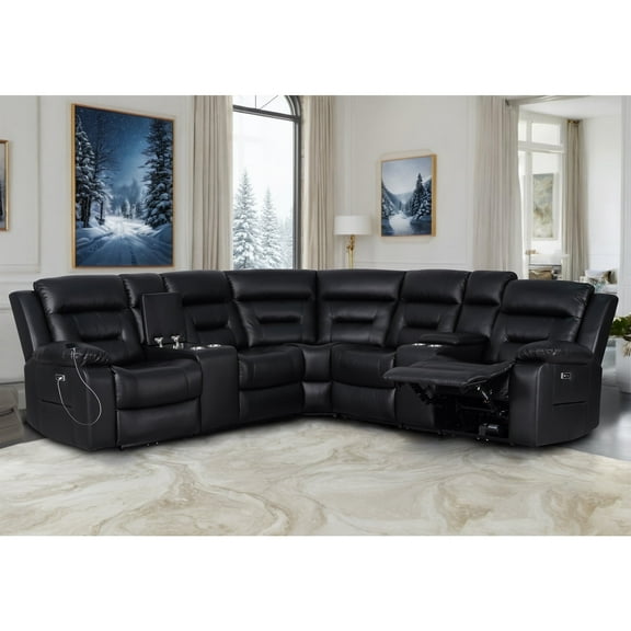 Power Sectional Reclining Sofa, Faux Leather Sectional Couches for Living Room, Modular 109" Width Recliner Sofa Livingroom Furniture Sets with 2 Storage Consoles & 4 Cup Holders