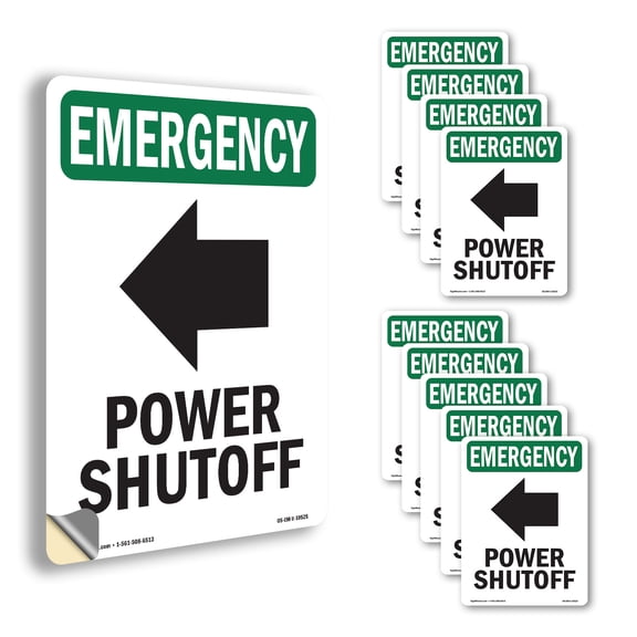 Power Shutoff [Left Arrow] With Symbol OSHA Emergency Vinyl Decal Label 10 Inch x 7 Inch - 10 Pack