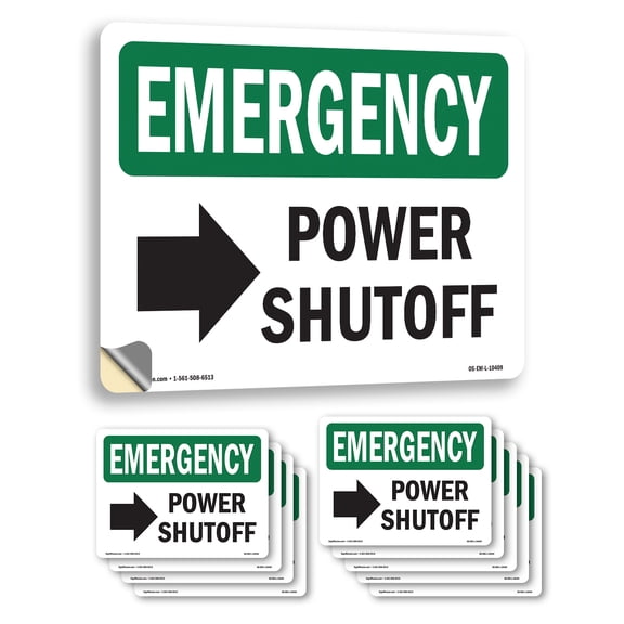 Power Shutoff [Right Arrow] With Symbol OSHA Emergency Vinyl Decal Label 5 Inch x 3.5 Inch - 10 Pack