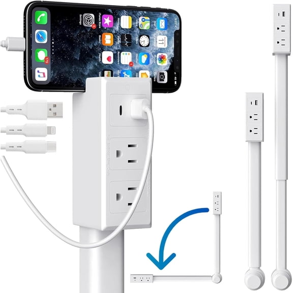 Power Socket Expander – USB-C & USB-A Ports, 22"–27" Adjustable Outlet Stick with 180° Rotating Base, Square Design