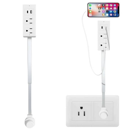 Power Socket Extender with USB-A/C & 2 AC Outlets - 22"-34" Extendable, 180° Rotating for Hard-to-Reach Areas (Behind Furniture)