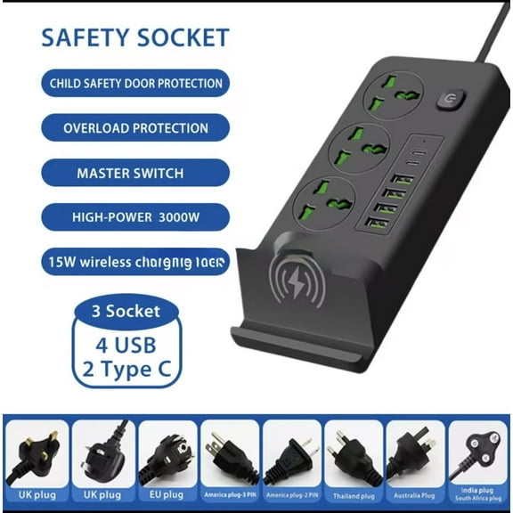 Power Socket with Wireless Charging Rack, Universal Power Strip (3000 w / 6ft)