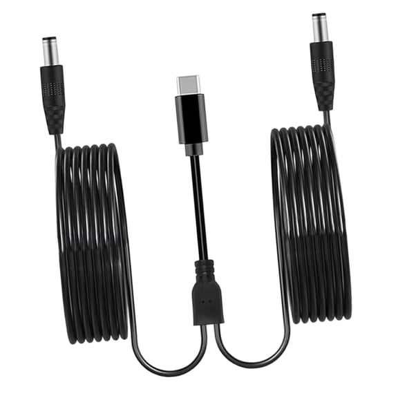Power Splitter Cable for Two-Device 12 V Setups, Type-C PD Input to Paired Cylindrical Outputs with Separate 35.4inch Black PVC Branches
