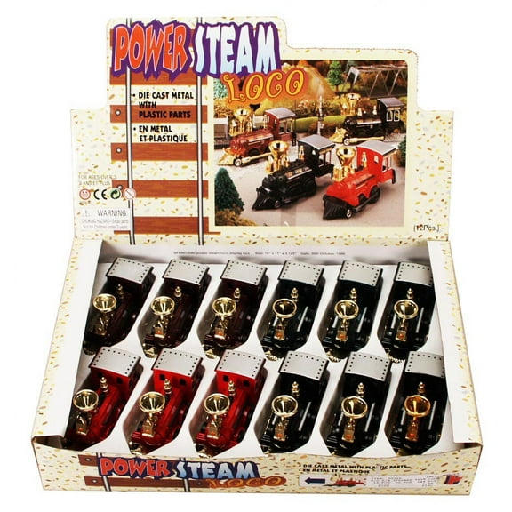Power Steam Locomotive Diecast Package - Box of 12 5 Inch Scale Diecast Model Trains, Assorted Colors