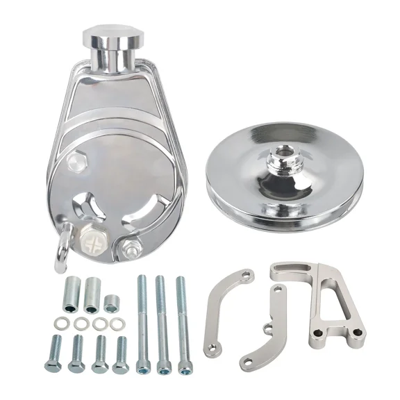Chrome Saginaw Power Steering Pump Bracket and Pulley Kit Compatible for Chevy 350 305 SBC Small Block Engine (Fits Standard Rotation)