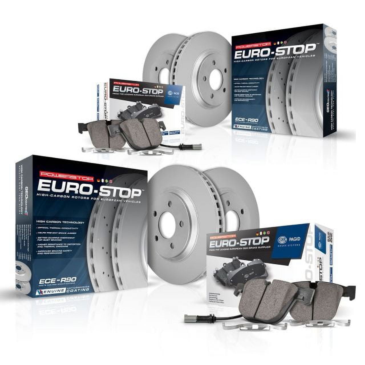 Power Stop Front and Rear Euro-Stop ECE-R90 Certified Brake Pad with Rotor Kit Fits 2006 Land Rover Range Rover