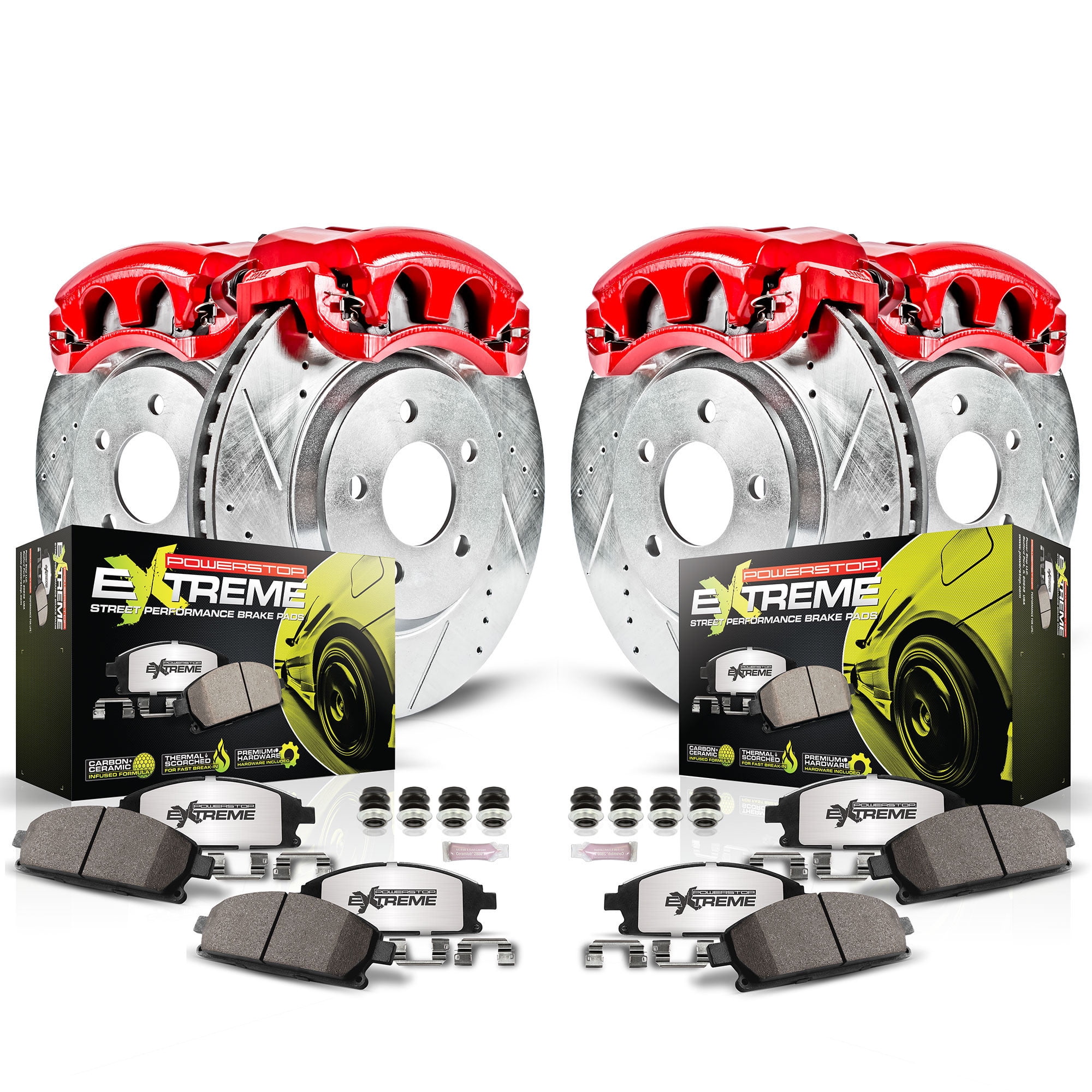 PowerStop Front and Rear Z26 Street Warrior Brake Pad and Rotor Kit with Red Powder Coated Calipers Fits: NISSAN Select Models KC4138B-26