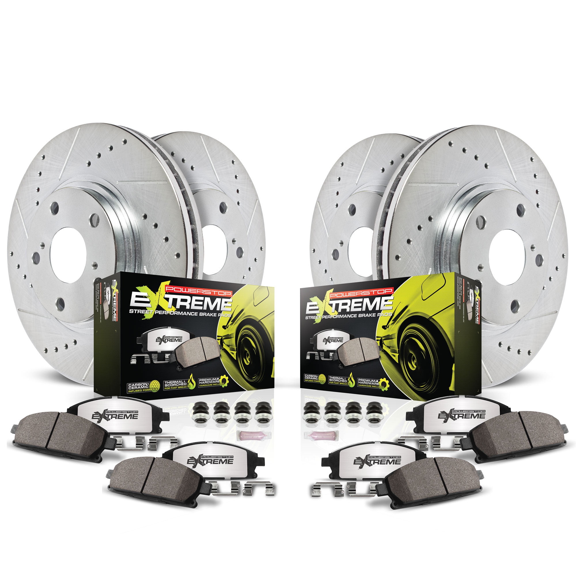 PowerStop Front and Rear Z26 Street Warrior Carbon-Fiber Ceramic Brake Pad and Drilled and Slotted Rotor Kit Fits: TESLA Select Models K8858-26