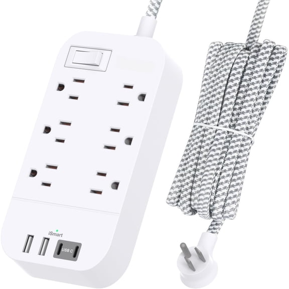 Power Strip - 10 FT Long Flat Plug Extension Cord, 6 Outlets 2 A 2 C Ports Outlet Extender with Overload Protection, Wall Mount, Desktop Station for , Office and Dorm Essential