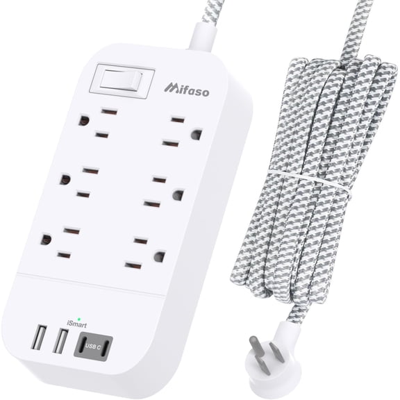 Power Strip - 10 FT Long Flat Plug Extension Cord, 6 Outlets 2 USB A 2 USB C Ports Outlet Extender with Overload Protection, Wall Mount, Desktop Charging Station for Home, Office and Dorm Essential