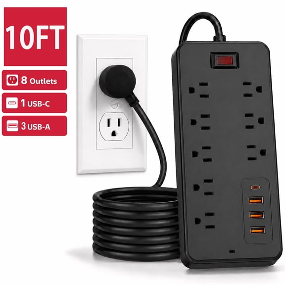 Surge Protector Power Strip, Flat Plug Extension Cord for Home, Office and Dorm, 8 AC Outlets, 4 Usb Ports Including 1 Usb-C, 10 ft, Black