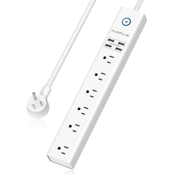Power Strip 10Ft - Sur Protector with USB, 6 Outlet and 4 USB Charr, 10Ft Long Extension Cord Flat Plug(1250W/10A/2100J), Wall Mountable Overload Protection for Computer Home Office Dorm