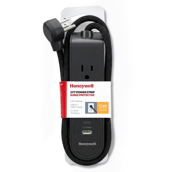 Honeywell 3 ft. Fabric Power Strip with 2 AC & 2 USB Ports (2.1A), 45 Angled Flat Plug (Black/Black)