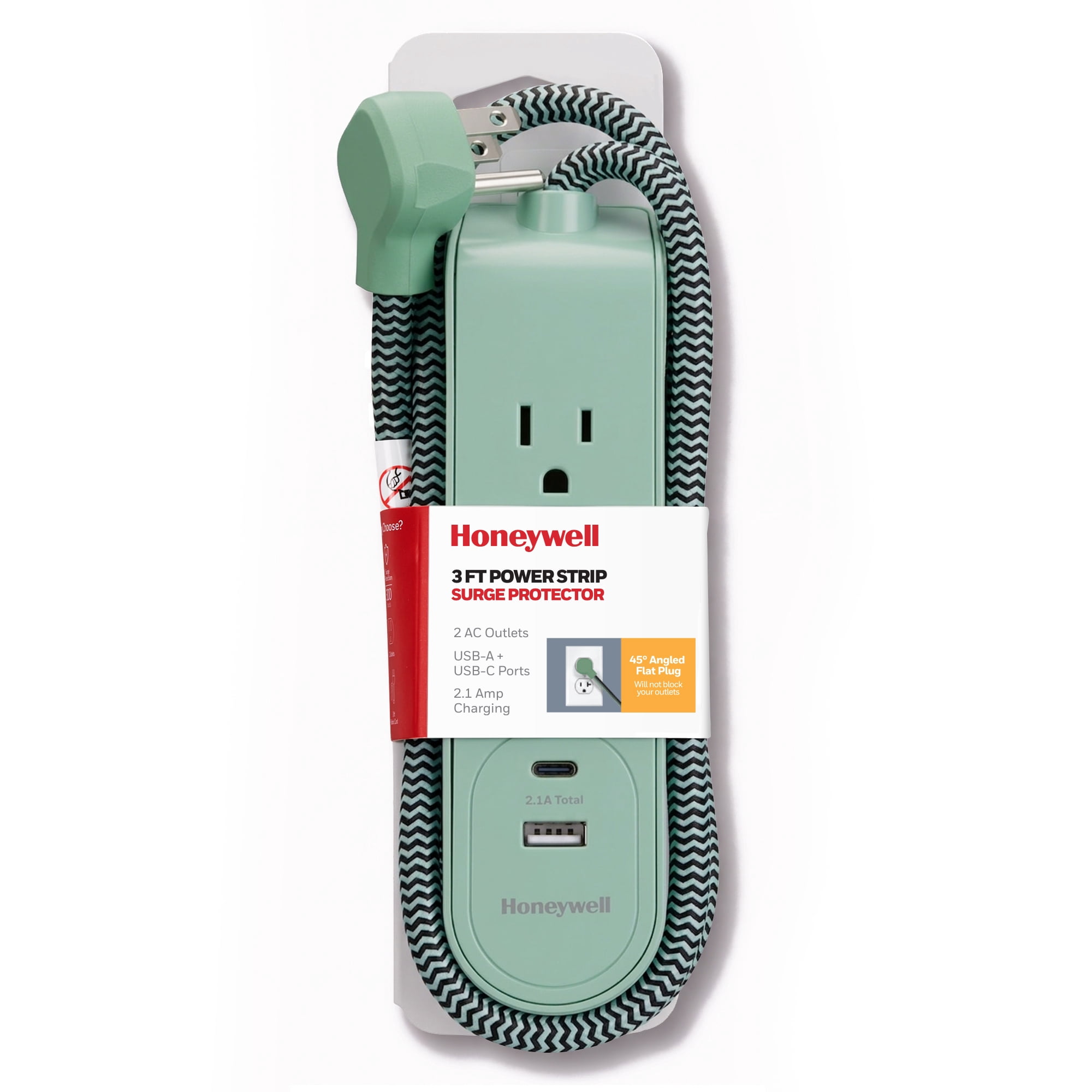 Honeywell 3 ft. Fabric Power Strip with 2 AC & 2 USB Ports (2.1A), 45° Angled Flat Plug (Sage Green)