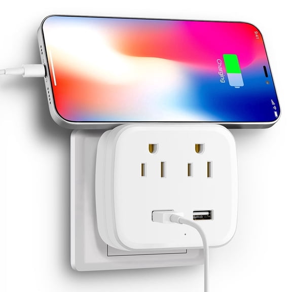 Power Strip, 2 AC Outlets, 2 USB Ports, for Dormitories, Bedrooms, Offices and Travel Use, White