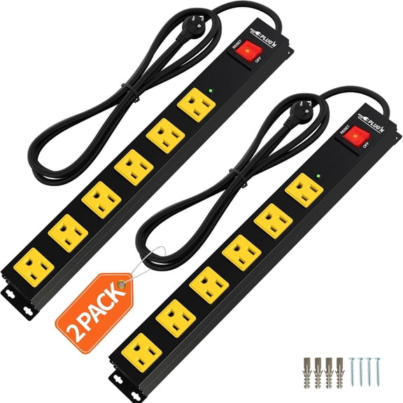 Power Strip 2700J Sur Protector, 2 Pack 6 Outlet Heavy Duty Power Strips with Flat Plug and 6FT Long Cord, Wall Mountable Metal Outlet Strip for Desk, Gara, Workbench and Kitchen