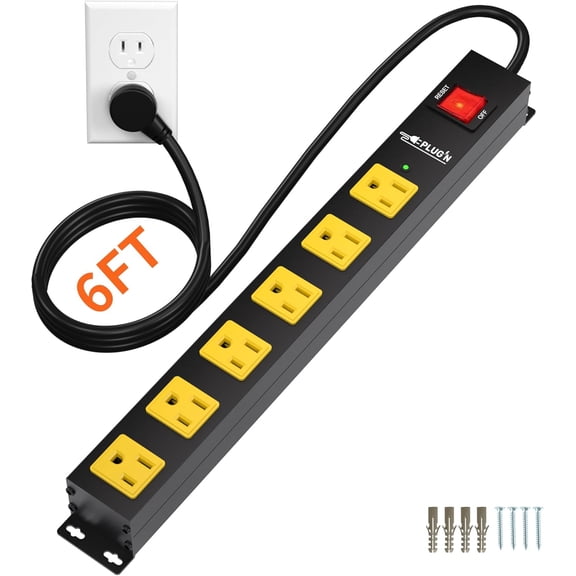 Power Strip 2700J Sur Protector, 6 Outlet Heavy Duty Power Strips with Flat Plug and 6FT Long Cord, Wall Mountable Metal Outlet Strip for Desk, Gara, Workbench and Kitchen