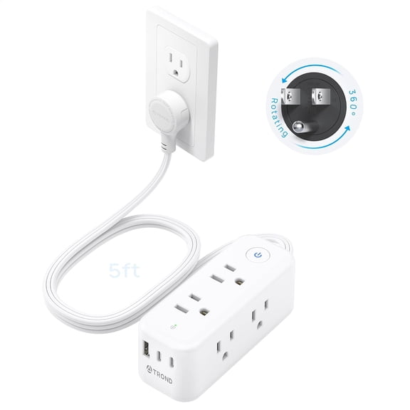 Power Strip with 360 Flat Rotating Plug, Extension Cord Flat Wall Plug with 6 Widely Spaced Outlets, 2 USB C and 1 USB A, 1440J Sur Protector, Extension Cord 5ft for Home Travel Office, White