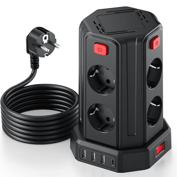 Power Strip with 4 USB, 8 Outlets Multiple Socket Surge Protection, Power Strip Socket with Switch, 3M Extension Cable, Multiple Plug Socket Tower for Home, Office