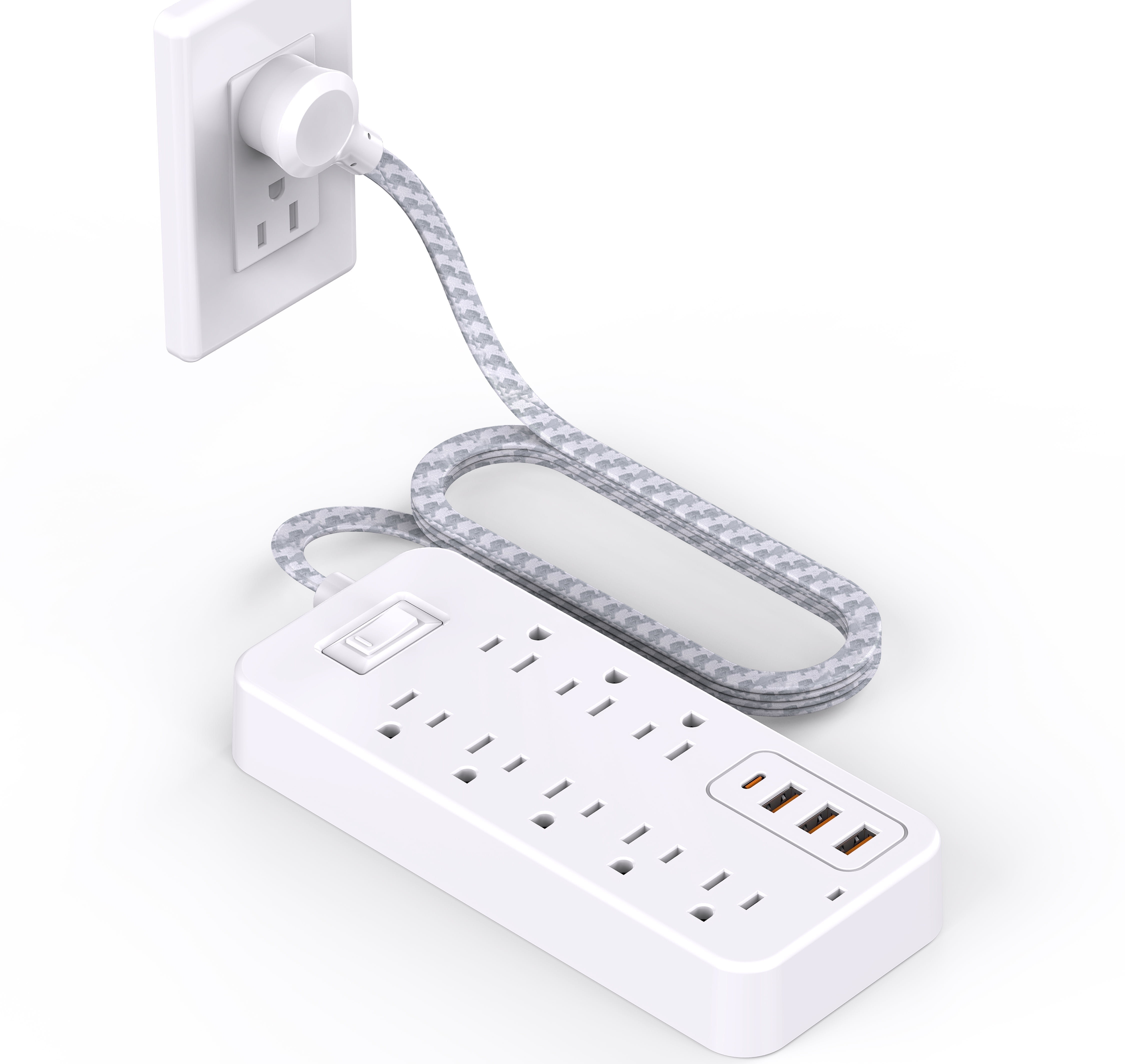 BOHASHIN Power Strip - 5 FT Long Flat Plug Extension Cord, 8 Outlets 3 USB Ports Outlet Extender with Overload Protection, Wall Mount, Desktop Charging Station for Home, Office and Dorm Essential