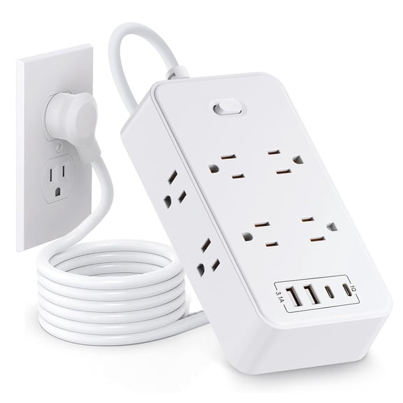 Power Strip,6 ft Surge Protected Power Strip,Multi Plug Outlet Extender,8 Outlets and 2 USB-C & 2 USB-A Ports(5V 3.1A),Wall Mount Desk USB Charging Station for Home Office,Angled Flat Plug (White)