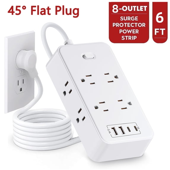 45° Flat Plug Power Strip with USB C, 6FT Extension Cord, 8 Outlets and 4 USB Ports (2 USB C 2 USB A), Multi Plug Outlet Extender with Surge Protection for Home Office Dorm - White