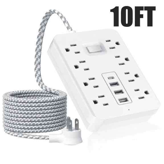 Power Strip with 8 AC Outlets, 3 USB-A, 1 USB-C Port, 10ft Braided Extension Cord, Surge Protector with Overload Protection, Desktop Charging Station for Home, Office, Dorm