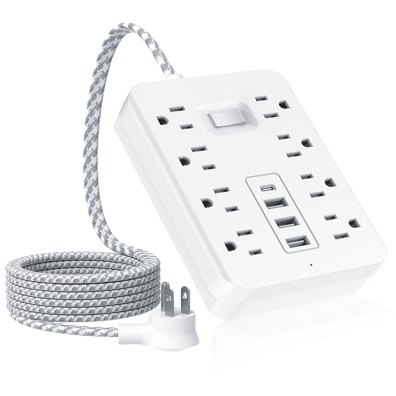 Power Strip with 8 AC Outlets, 3 USB-A, 1 USB-C Port, 10ft Braided Extension Cord, Surge Protector with Overload Protection, Desktop Charging Station for Home, Office, Dorm