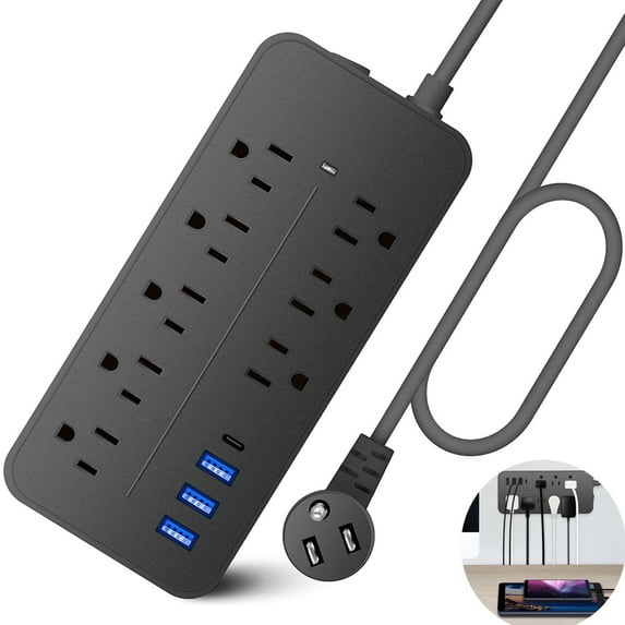 Power Strip,  8 Outlets Surge Protector with 1 USB-C & 3 USB Ports, Flat Plug, Wall Mount 4ft Braided Extension Cord for Home, Office, Dorm Essential
