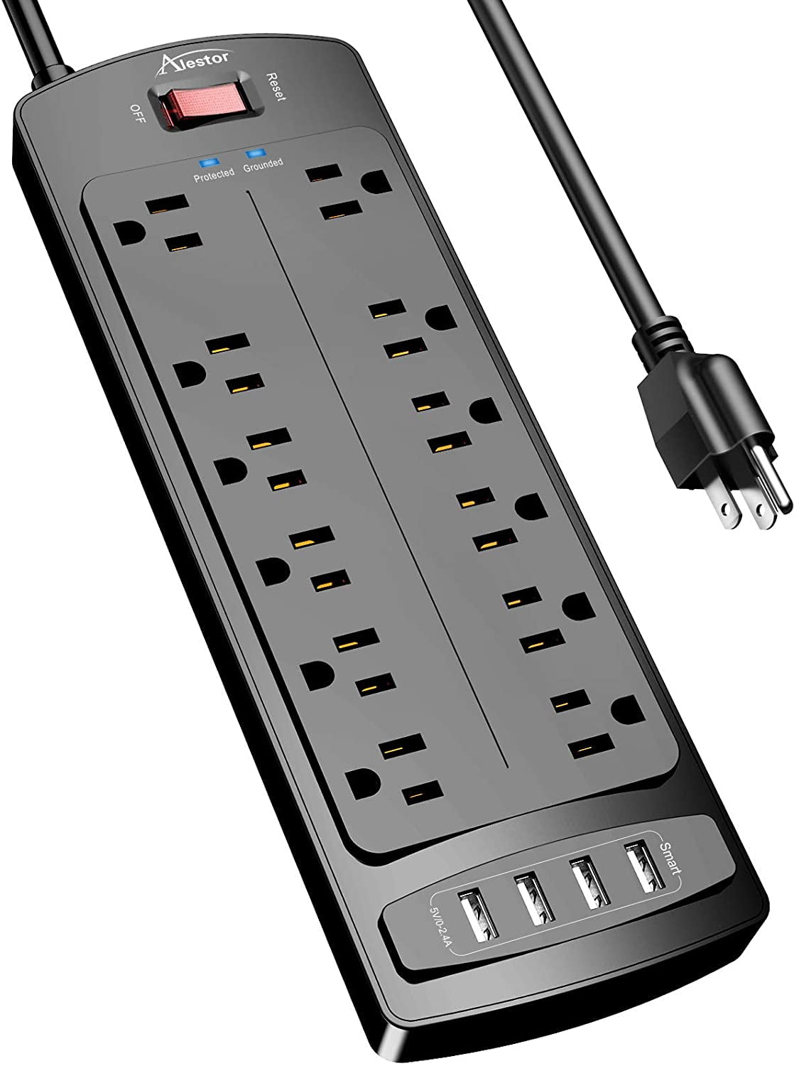Power Strip, ALESTOR Surge Protector with 12 Outlets and 4 USB Ports, 6  Feet Extension Cord (1875W/15A), 2700 Joules, ETL Listed, Black 