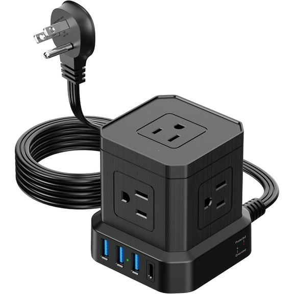 Power Strip with , C (3.0A) Power Strip with 5 Outlets, 1 -C & 3 -A, 5 FT Flat Extension Cord with Thin Flat Plug, Surge Protector Compact for Office, Dorm, Hotel Travel