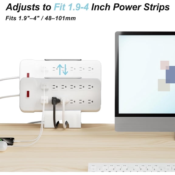 Power Strip Clamp - 4 Pack Clamp Desk Mount for Outlet, Adjustable Power Strip Metal Holder with Silicone Anti-Slip Pads, for Home, Office, Workstation, White