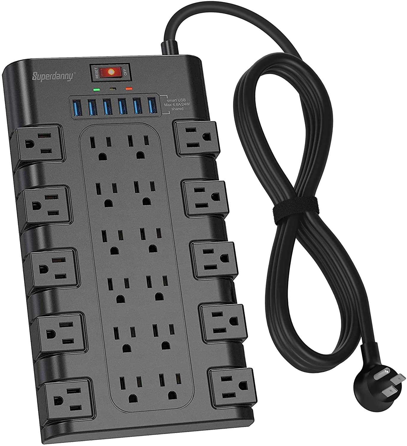 W4W Twin Extension Cord Power Strip - 12 Foot Cord - 6 feet on Each Side -  Flat Head (Wall Hugger) Outlet Plug - 6 Polarized Outlets with Safety Cover