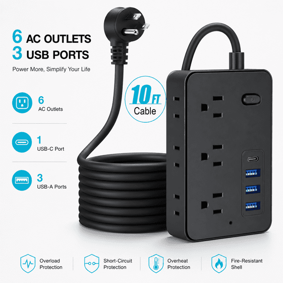 BOHASHIN Power Strip Extension Cord, 10 ft long Extension Cord for 6 Widely Spaced Outlets with 4 USB Fast Charge USB Charging Ports(Black)