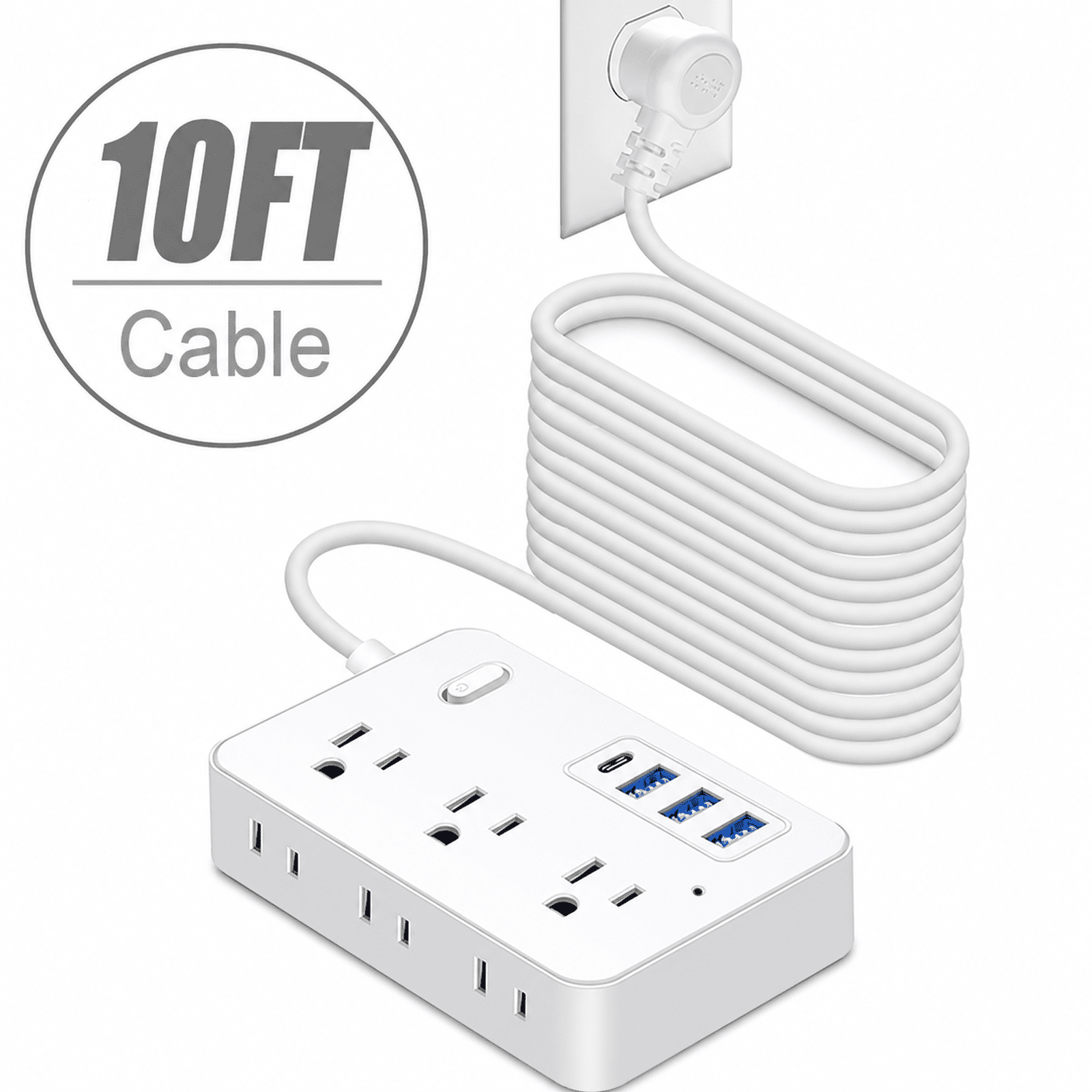 BOHASHIN Power Strip Extension Cord, 10 ft long Extension Cord for 6 Widely Spaced Outlets with 4 USB Fast Charge USB Charging Ports(White)