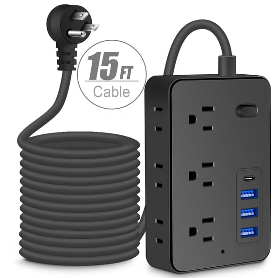 BOHASHIN Power Strip Extension Cord, 15 ft long Extension Cord for 6 Widely Spaced Outlets with 4 USB Fast Charge USB Charging Ports(Black)