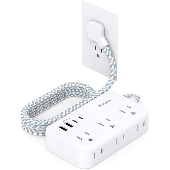 Power Strip Extension Cord - 6 Outlets and 4 USB (2 USB C), Braided Cord with Ultra Thin Flat Plug, Wall Mount, Overload Protection, Travel, Cruise Ship, Dorm Room Essentials (5FT, White)
