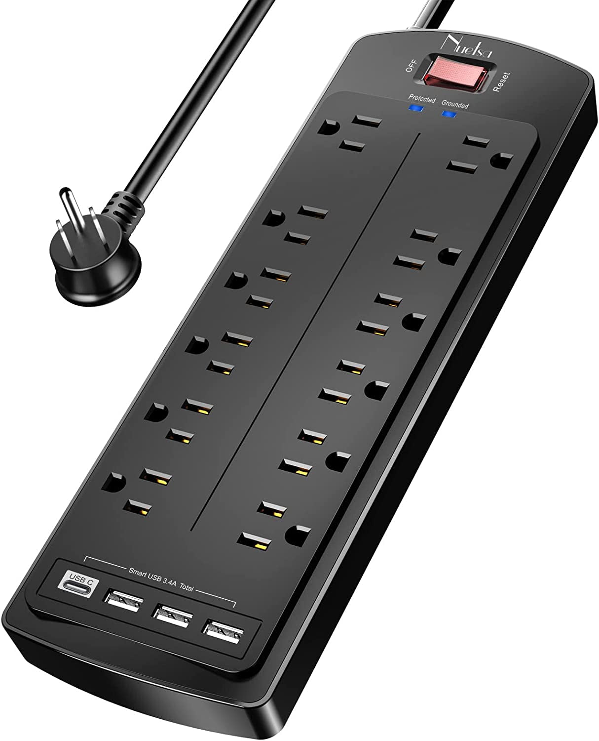 White Surge Protector Power Strip with 12 Outlets and 4 USB Ports