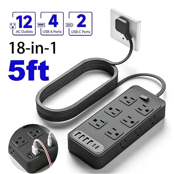 Power Strip, Power Strip Extension Cord Surge Protector, Multi Plug Outlet Extender, 12 Outlets and 2 USB-C & 2 USB-A Ports(5V 3.6A) for Home Office (Black)