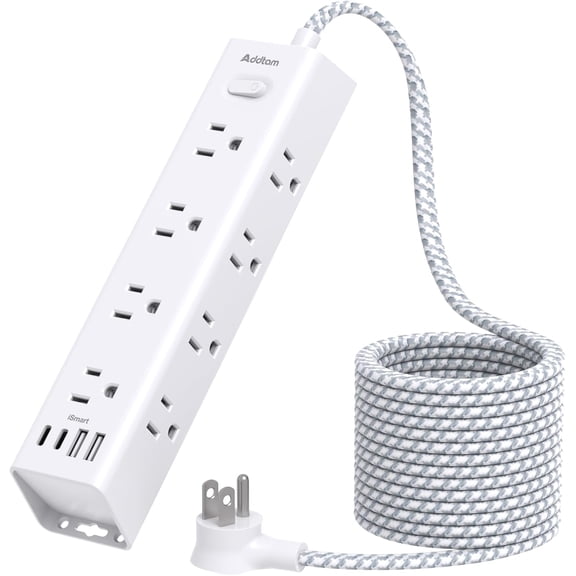 Power Strip Sur Protector with 12 AC Outlets & 4 USB Ports, 5FT Extension Cord, Flat Plug, Wall Mount, 1050J Overload Protection, Desk Charging Station for Home Office, ETL Listed, White