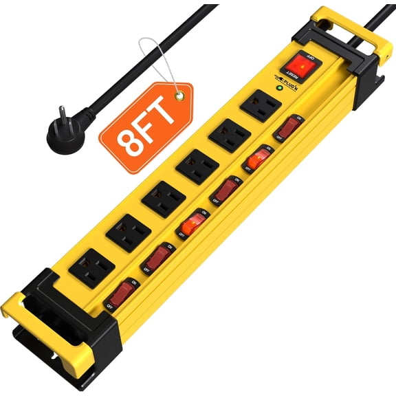 Power Strip Sur Protector 2700J with Individual Switches and Flat Plug, 8FT Heavy Duty Cord 6 Wide Spaced Outlet Mountable Metal Power Strips with Cord Manar and Hanr