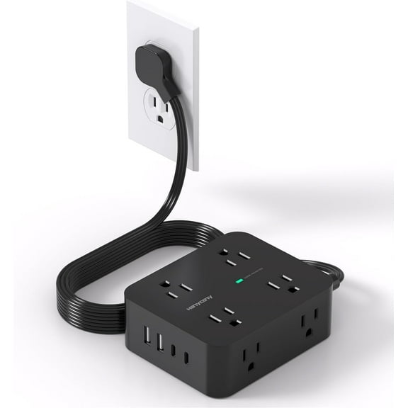 Power Strip Sur Protector, 5Ft Ultra Thin Flat Extension Cord with Multiple Outlets, 8 Widely Outlet Extender 4 USB Ports(2 USB C), 1080J Wall Mount for Colle Dorm Room Essentials Black