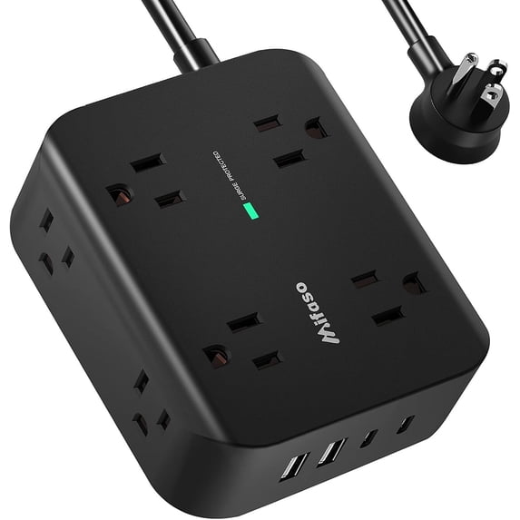 Power Strip Sur Protector - Flat Plug, Wall Mount, 8 Wide Outlets with 4 USB Ports (2 C), 5FT Heavy Duty Extension Cord Multiple Outlets, Charging Station Overload Protection for Home Dorm