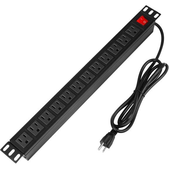 Power Strip Sur Protector Rack-Mount PDU, 12-Outlet Power Strip with Switch, Metal Mountable Heavy Duty for Server Racks, Gara, Shop Workbench, Industrial Commercial Use (Black 6FT)